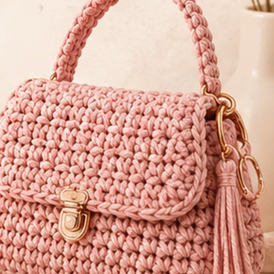 Dusty-rose crochet handbag with a gold clasp and tassel